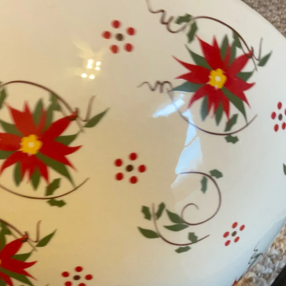 Temp-Tations 2 QT Asymmetrical Poinsettia Bowl with Cardinal and Ornaments